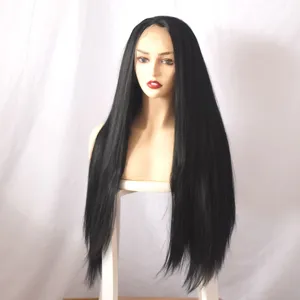 Long straight synthetic wig with front lace design, black hair for daily fashion use.