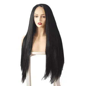 Long black synthetic lace front wig for women, stylish straight hair daily wear 100c