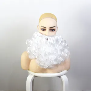 Detailed close-up view of fluffy white Santa Claus curly beard and wig cap set for holidays.