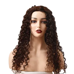 Lange bruine krullende pruik voor vrouwen, synthetisch afro krullend haar voor dagelijkse mode.