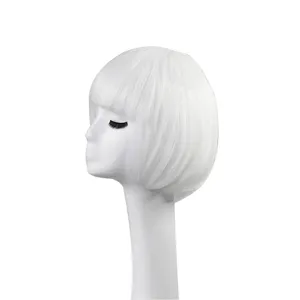 White short bob wig detail view with neat bangs, synthetic hair fashion display on mannequin.