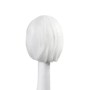 White short bob wig detail view, synthetic hair costume party wig daily display item.