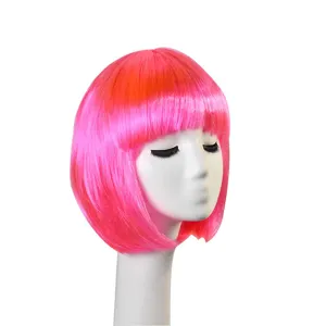 Hot pink bob wig detail shot, short synthetic hair with neat bangs on white display stand.