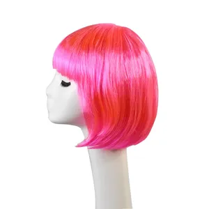 Vibrant pink short bob wig with bangs, stylish synthetic hair for party and daily wear.