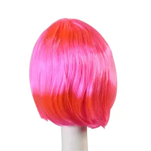 Pink and orange gradient short bob wig detail, vibrant party hair accessory, soft texture.