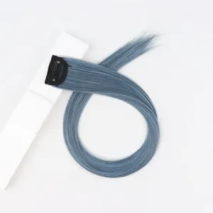 Blue clip-in hair extension detail, synthetic straight highlight piece for seamless daily use.