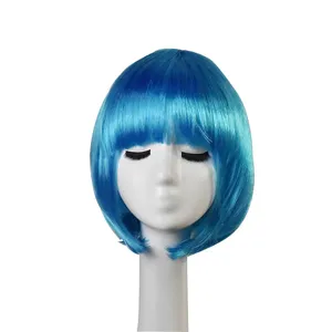 Blue short bob wig detail view featuring straight bangs and smooth synthetic hair texture