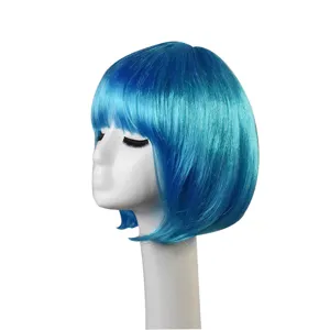 Blue short bob wig with bangs for cosplay, party, and daily wear styling. Synthetic hair.
