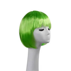 Detailed close-up detail of a bright green short bob wig with straight bangs style.