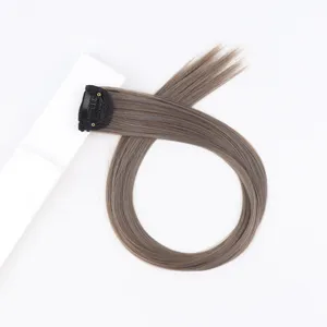 Synthetic clip-in hair extension piece, gray-brown highlighted long straight hair, 1 piece set.