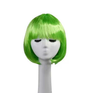 Green short bob wig with bangs, perfect for cosplay, parties, and daily fashion use.