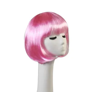 Detailed view of the vibrant pink bob wig with neat bangs, showing hair texture and styling.