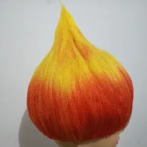 Detail view of the vibrant red and yellow flame-shaped cosplay wig, perfect for fun party styles.