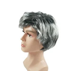 Korte grijze gelaagde pruik voor heren, ideaal voor cosplay, feestjes en Halloween kostuums.