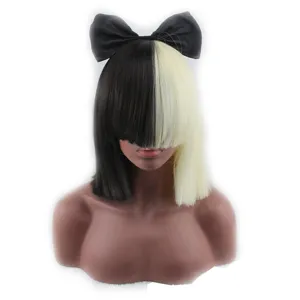 Synthetische Kurze Glatte Bob Perücke Schwarz Und Blond Zweifarbige Cosplay Perücke Mit Schwarzer Schleife Damen Tägliche Party Haarperücke