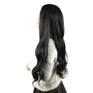 Μαύρη συνθετική μακριά κυματιστή περούκα front lace ευρωπαϊκό αμερικανικό στιλ λεπτομέρεια