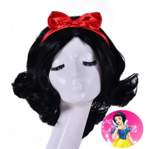 Parrucca Cosplay Fibra ad Alta Temperatura Sintetica Corta Ondulata Nera Con Fascia Rossa Parrucca per Capelli Anime da Festa per Donne