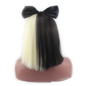 Schwarze und blonde geteilte kurze Bob Perücke mit großer schwarzer Schleife für Cosplay