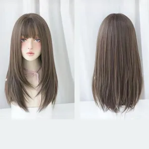 Perruque synthétique longue naturelle pour femme avec frange marron dégradé lisse