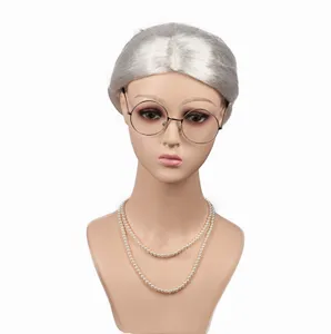 Old woman cosplay wig with round glasses and pearl necklace for party performance costume
