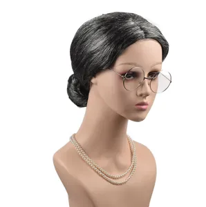 Granny wig round glasses pearl necklace set for cosplay party performance dress up prop accessory