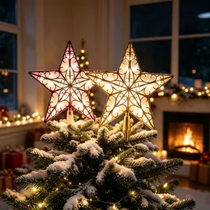 Puntale per albero di Natale luminoso, stella in plastica trasparente con luci calde e colorate.