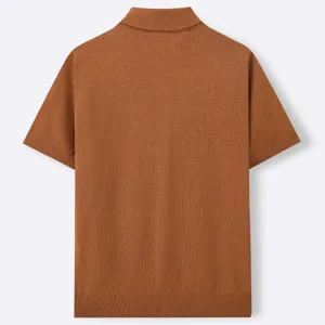Men's short sleeve knit polo shirt in brown, back detail view, casual business commute wear.