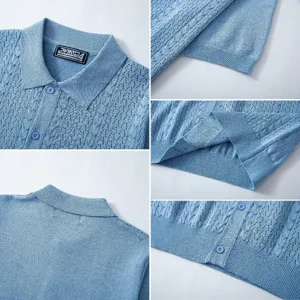 Light blue short sleeve knit polo shirt detail view showing textured fabric collar and buttons