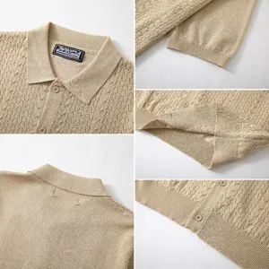 Detailed view of the beige short-sleeve knit polo shirt, highlighting collar, buttons and texture.