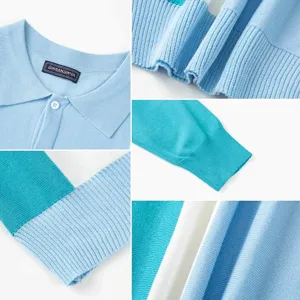 Men's colorblock knit polo shirt detail showcasing ribbed hem, collar label and fine texture.