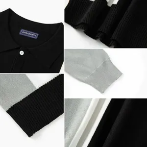 Close-up details of men's knit long sleeve polo shirt showing collar, cuff, and fabric texture.