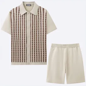 Detailed view of men knitwear polo cardigan and shorts set featuring contrast vertical stripe design.