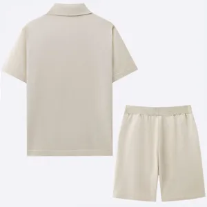 Back detail of men casual beige knit short sleeve polo shirt and shorts set showing texture.