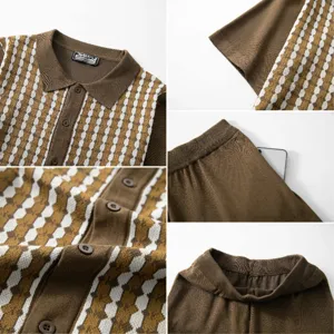 Men contrast stripe knit cardigan shorts set casual two-piece outfit brown detail