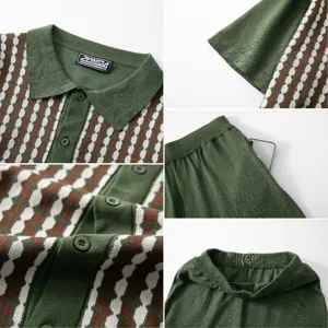Men's Knitted Casual Set Color Block Striped Short Sleeve Cardigan and Shorts Two Piece