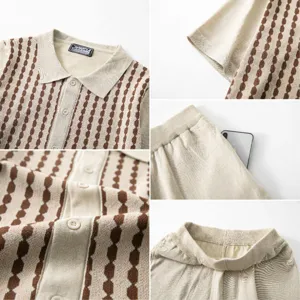 Men's casual knit polo shirt and shorts two-piece set, contrast color striped jacquard design.