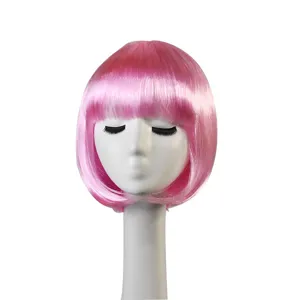 Pink bob wig short straight hair with bangs for cosplay party daily use fashion cute style