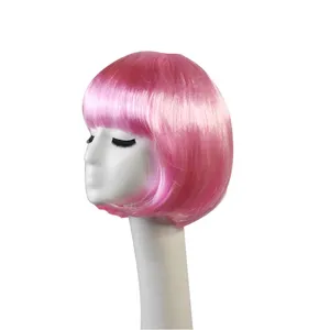 Close-up detail of a vibrant pink bob wig on a mannequin head, showing texture and fringe.