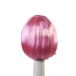 Pink short bob synthetic hair wig detail view, vibrant color party hair accessory piece.