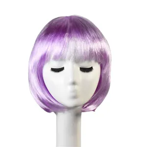 Purple bob wig detail shot featuring short straight hair and neat bangs for daily or party use.