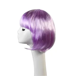 Detailed view of short purple bob wig featuring stylish bangs and smooth synthetic hair.