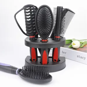 Hair brush set detailed view, featuring 5 styling combs and a convenient storage base.