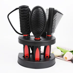 5-piece hair brush set with mirror, holder, massage comb, and black red styling tools for salon.
