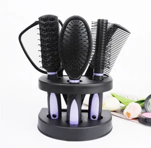 Hairbrush set with stand, black and purple styling comb, massage cushion hair brush for daily use.