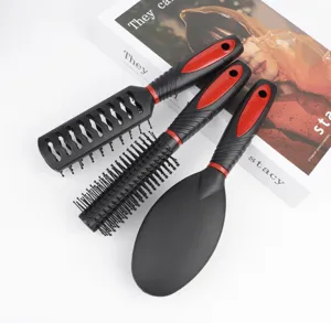 Detailed view of 3-piece black red hair brush set, professional styling and massage hair care tools.
