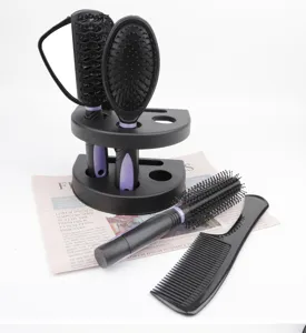 5-piece black hair brush and comb set with storage stand, professional hair styling tool kit.