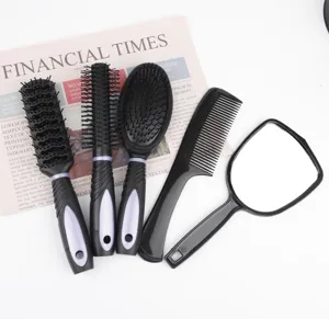 5-piece black hair brush set with mirror, professional styling combs for daily hair care.