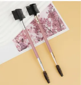 Dual-ended eyelash brush eyebrow comb, portable makeup tool with wooden handle for beauty.