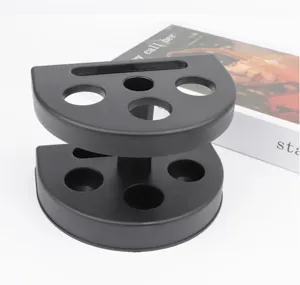Black plastic hair brush holder stand, multi-hole half-circle hair tool storage organizer.