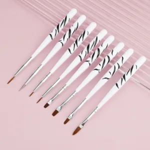 Dettaglio set pennelli nail art, manici con motivo zebra bianco, strumenti professionali manicure.